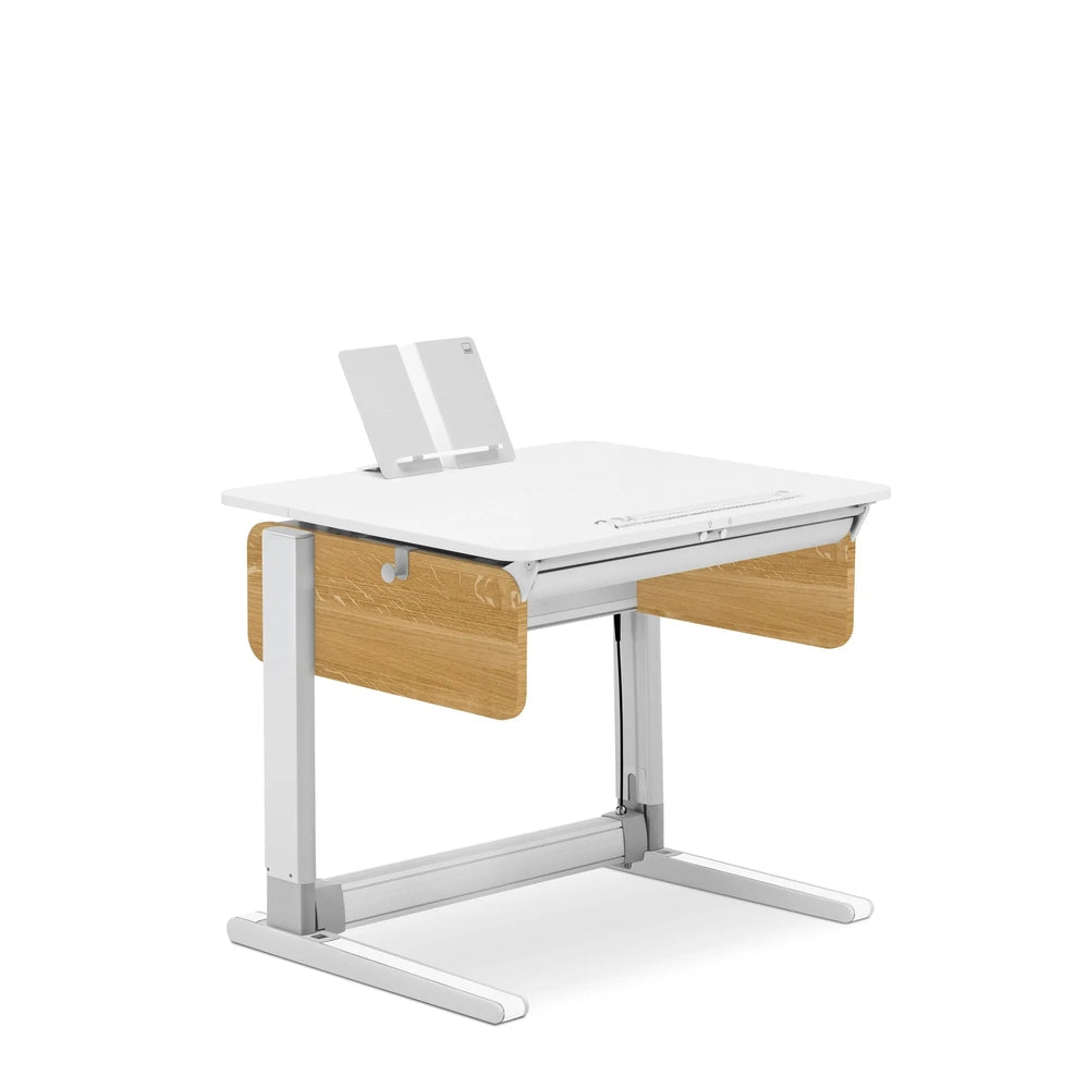 MOLL Champion Compact Express height-adjustable desk with white desktop and natural wood panels, displaying the adjustable metal frame.