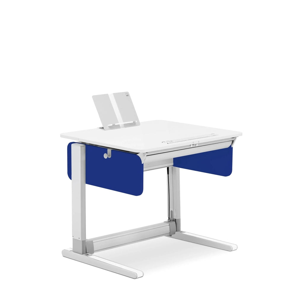 Moll Champion Compact Express height-adjustable desk with white top and blue panels, showing adjustable-height legs.