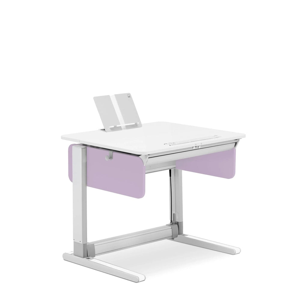 MOLL Champion Compact Express Height Adjustable Desk with white top, lavender panels, and tablet on built-in stand