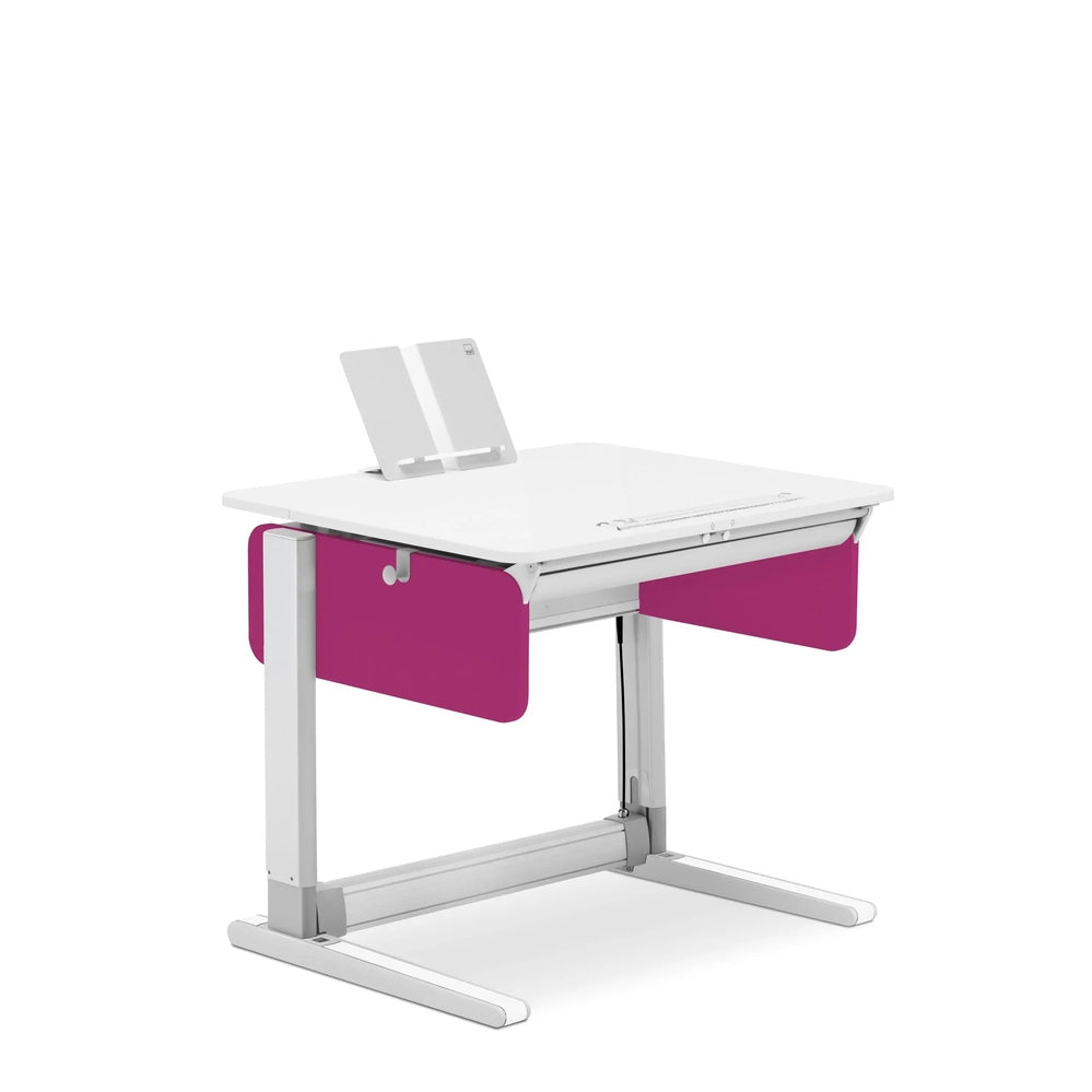 Moll Champion Compact Express height-adjustable desk, white top with magenta panels, sturdy steel frame.
