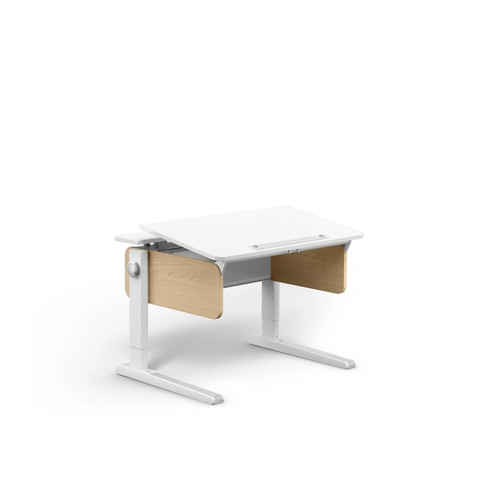 Moll Champion Compact Height Adjustable Desk, white top with light wood panels, adjustable-height legs in position.