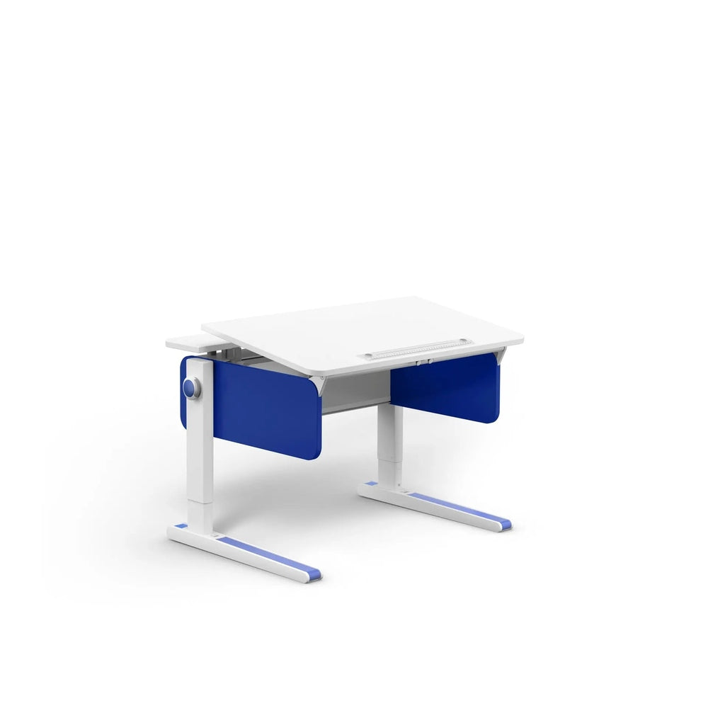 MOLL Champion Compact Height Adjustable Desk with white top and blue side panels, adjustable pedestal legs.