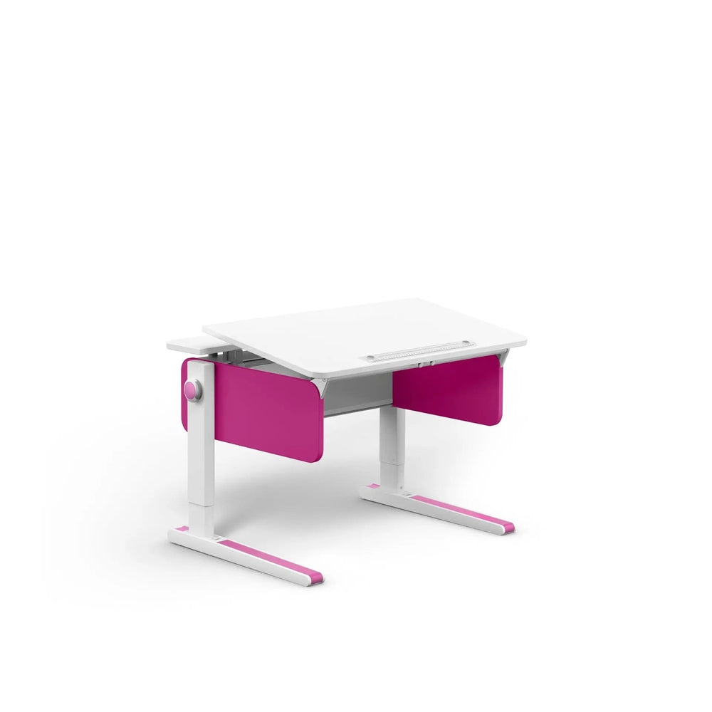 MOLL Champion Compact height-adjustable desk with white top, magenta side panels, and adjustable legs.