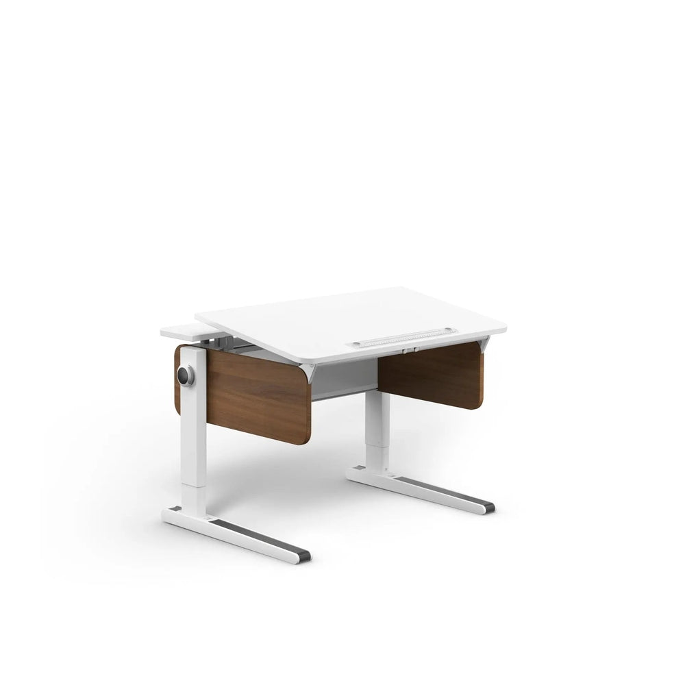 MOLL Champion Compact Height Adjustable Desk with white top and wood panels, showcasing adjustable legs.