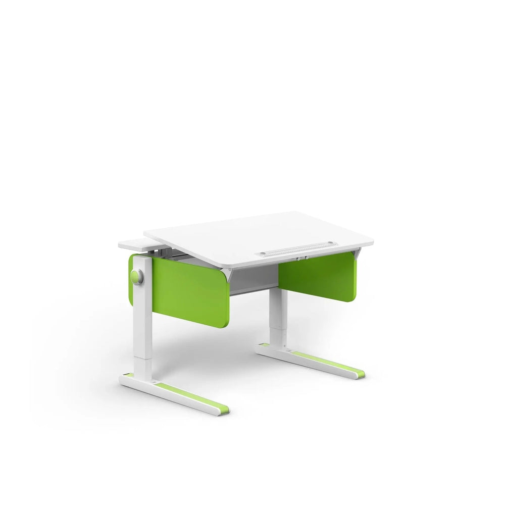 MOLL Champion Compact desk, white top with lime-green panels, shown with side crank for height adjustment.