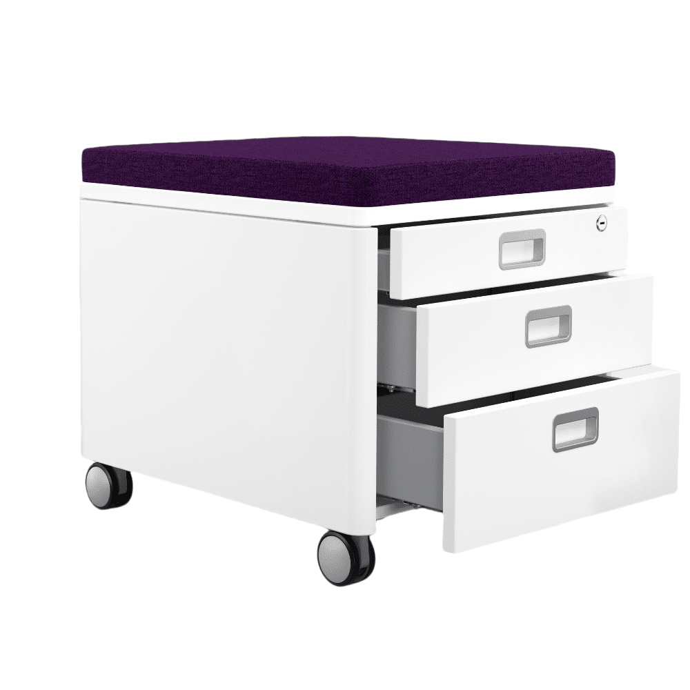 Moll Champion Cubic bedside cabinet white with purple cushioned top, three drawers on caster wheels