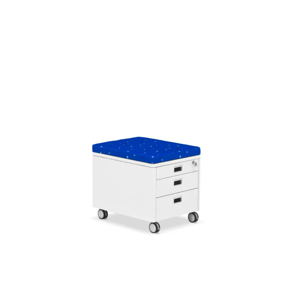 MOLL Moll Champion Cubic Pad white 3-drawer mobile cabinet with blue star-pattern cushioned top on wheels