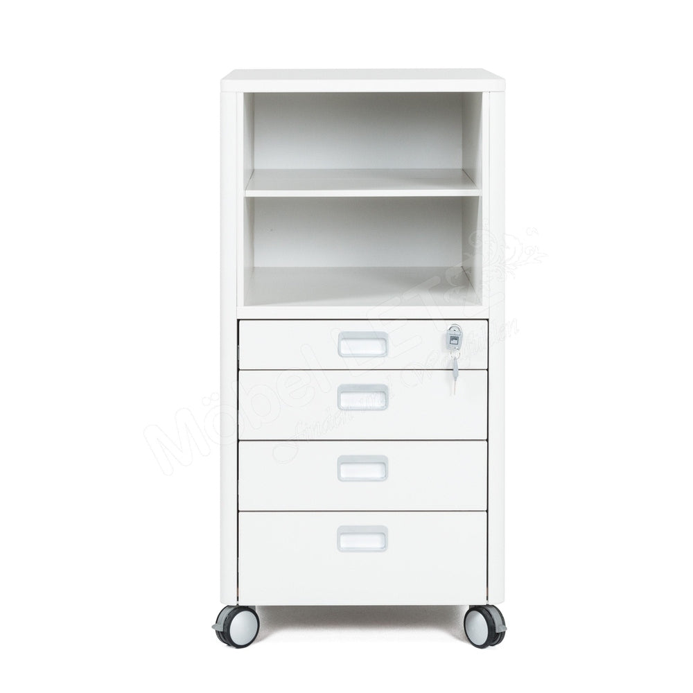 Moll Champion Cubicmax white mobile storage cabinet with open shelf, four drawers, on caster wheels