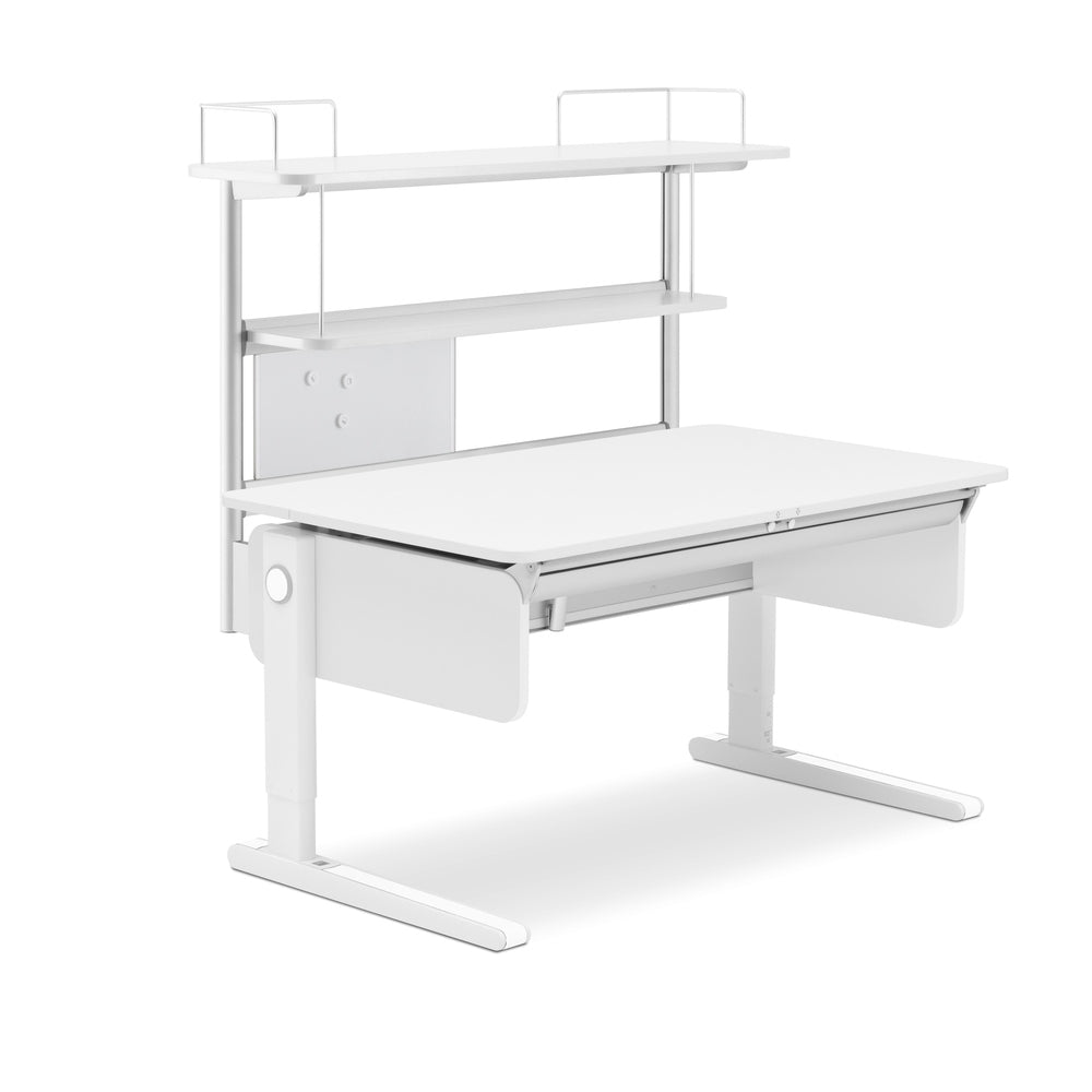 Moll Champion Flex Deck desk, white with metal frame, two shelves, adjustable work surface