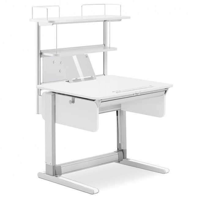 Moll Champion Flex Deck Compact desk in white with chrome frame and integrated shelving
