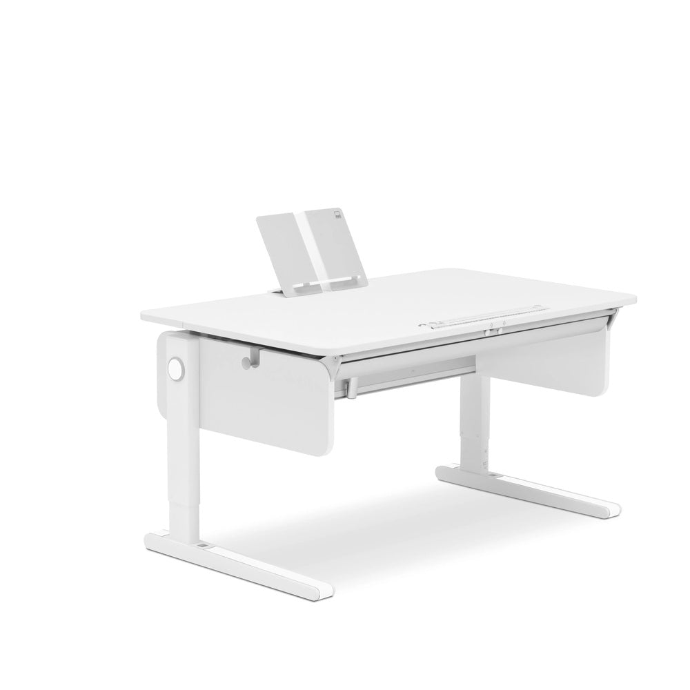 Moll Champion Height Adjustable Desk Front Up in white with dual‑leg frame and integrated front panel, tablet stand mounted.