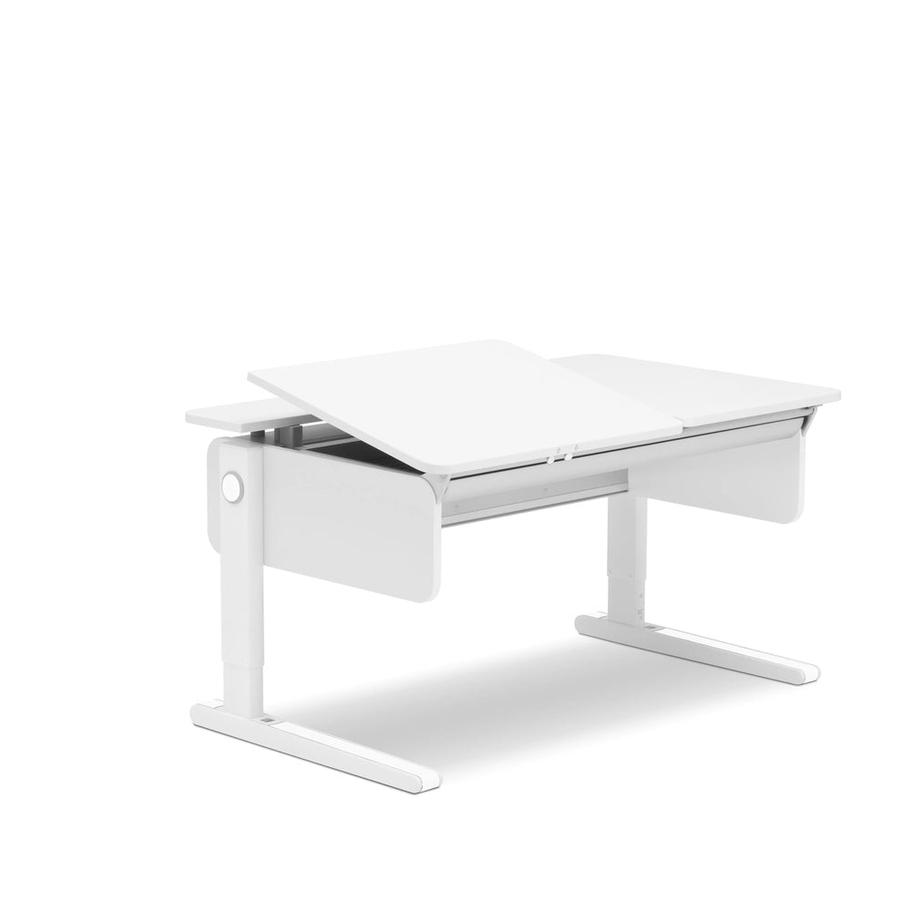 Moll Champion height adjustable desk left up, white finish with steel frame, showing the left-side panel raised for tilting.