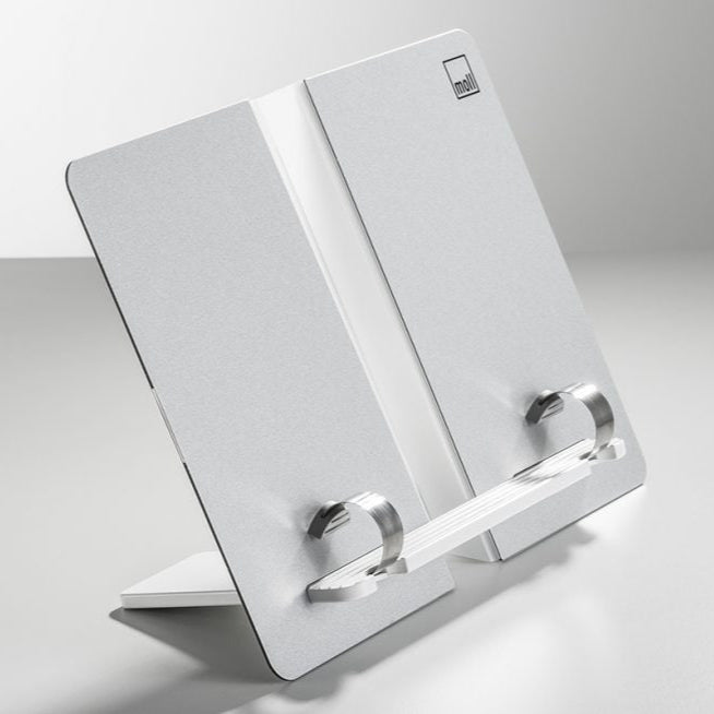 Moll Champion Height Adjustable Desk Right Up in silver, dual panels lifted by an adjustable stand.