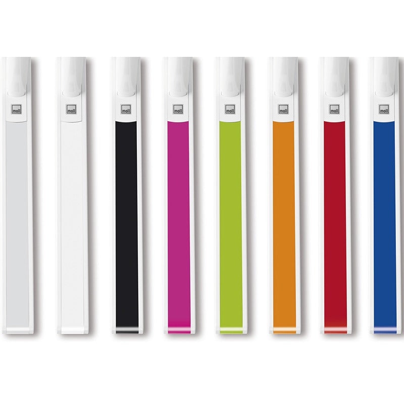 Moll Champion Height Adjustable Desk Front Up with 9 color-leg variants including white, black, magenta, lime, orange, red, blue.