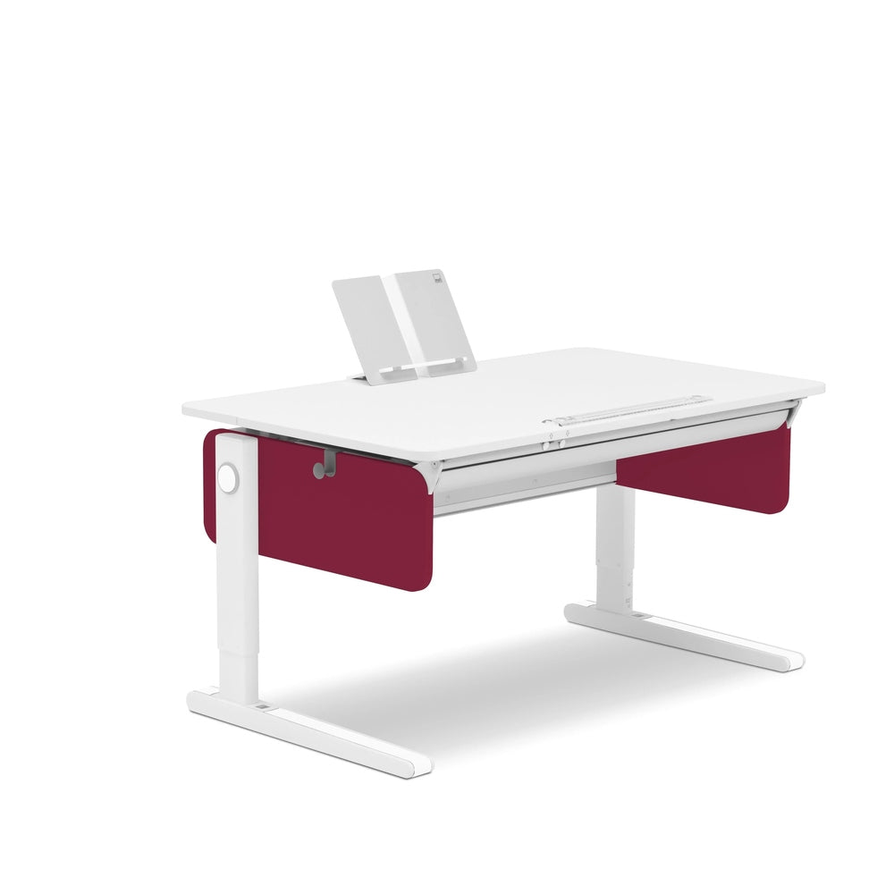 Moll Champion Height Adjustable Desk Left Up, white surface with maroon panels and visible height-adjustment mechanism.