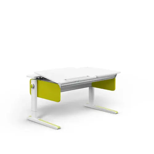 Moll Champion Height Adjustable Desk Left Up, white frame with lime-green panels, desktop raised on the left.