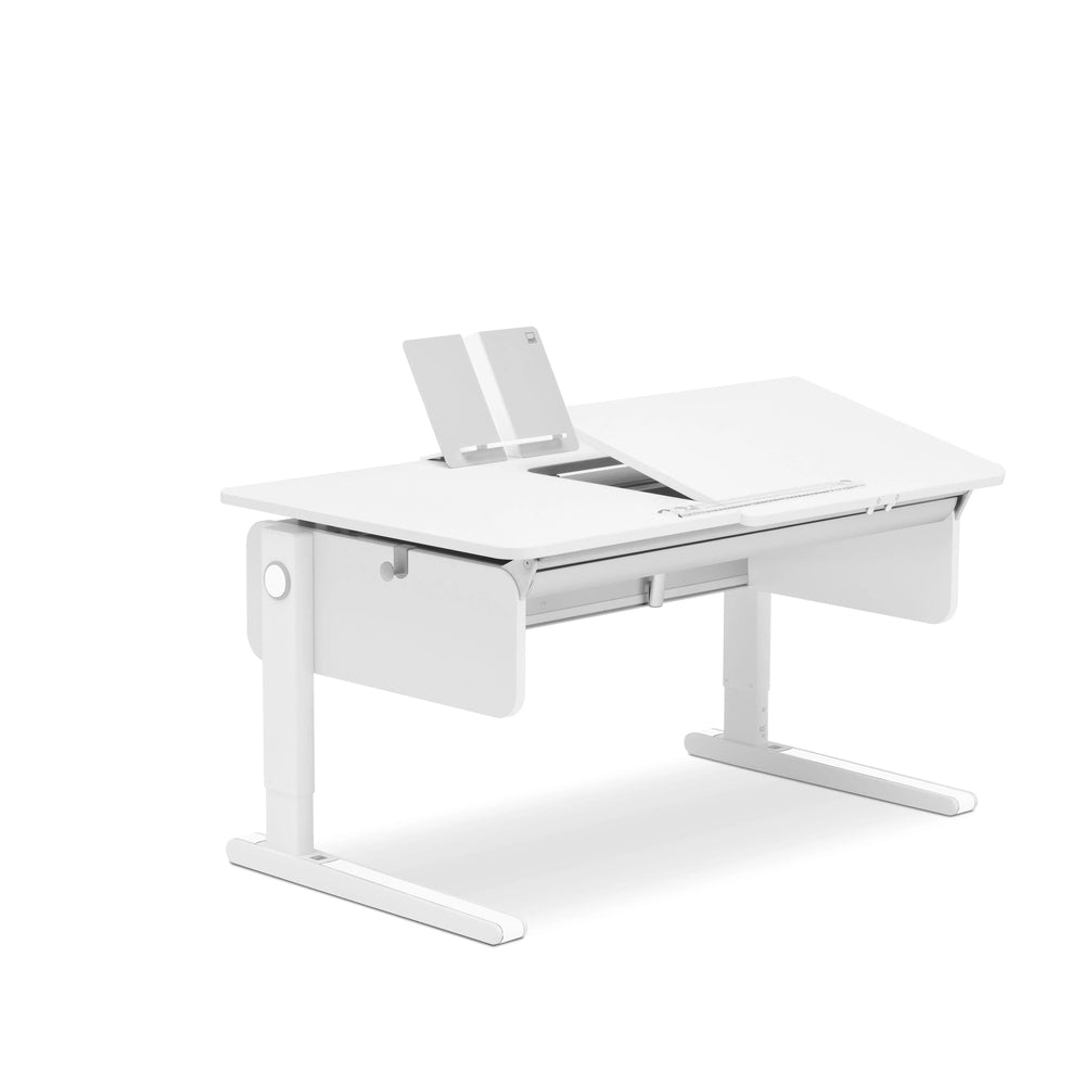 Moll Champion Height Adjustable Desk Right Up, white with sturdy steel frame and raised work surface.