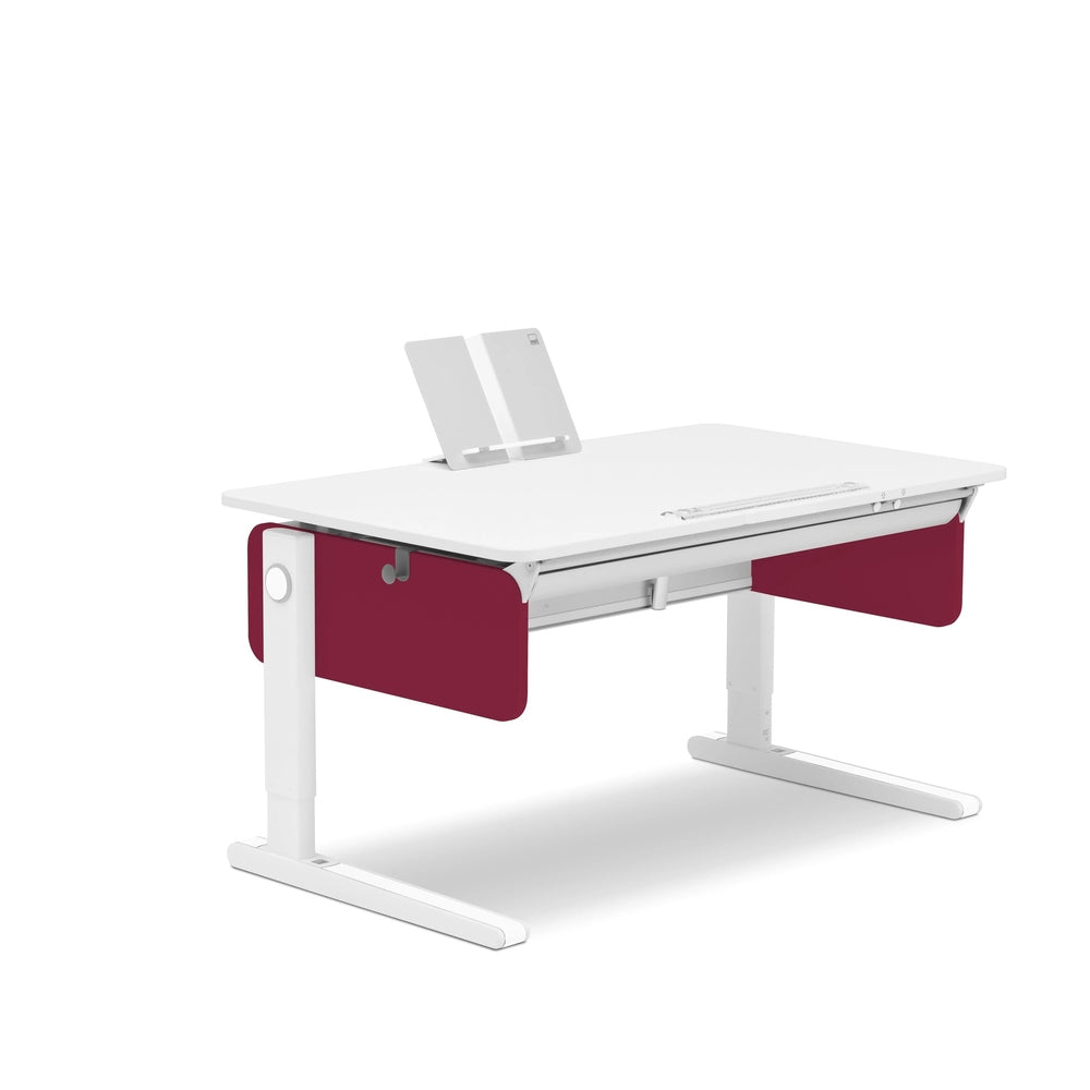 Moll Champion Height Adjustable Desk Right Up, white desk with burgundy panels; height-adjust mechanism visible under the tabletop.
