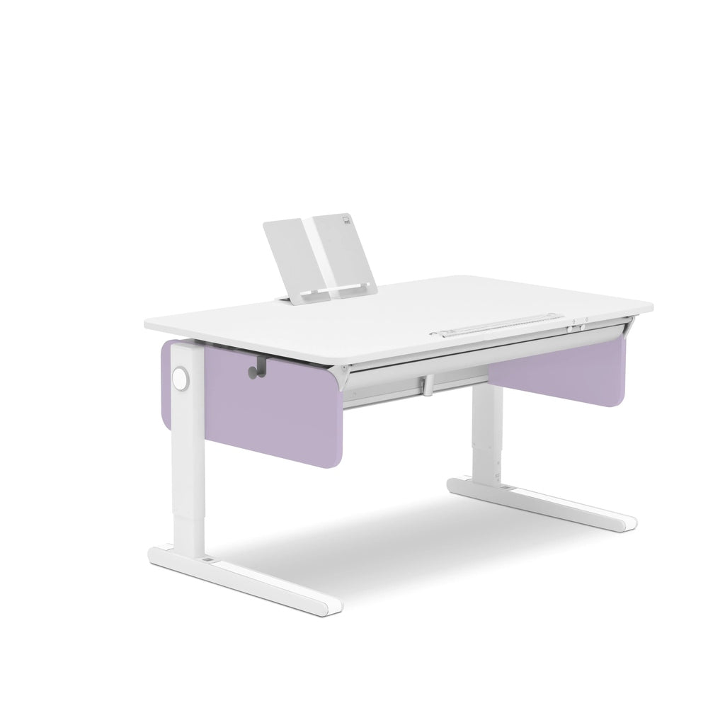 Moll Champion Height Adjustable Desk Right Up, white desk with lavender side panels and extended keyboard tray.