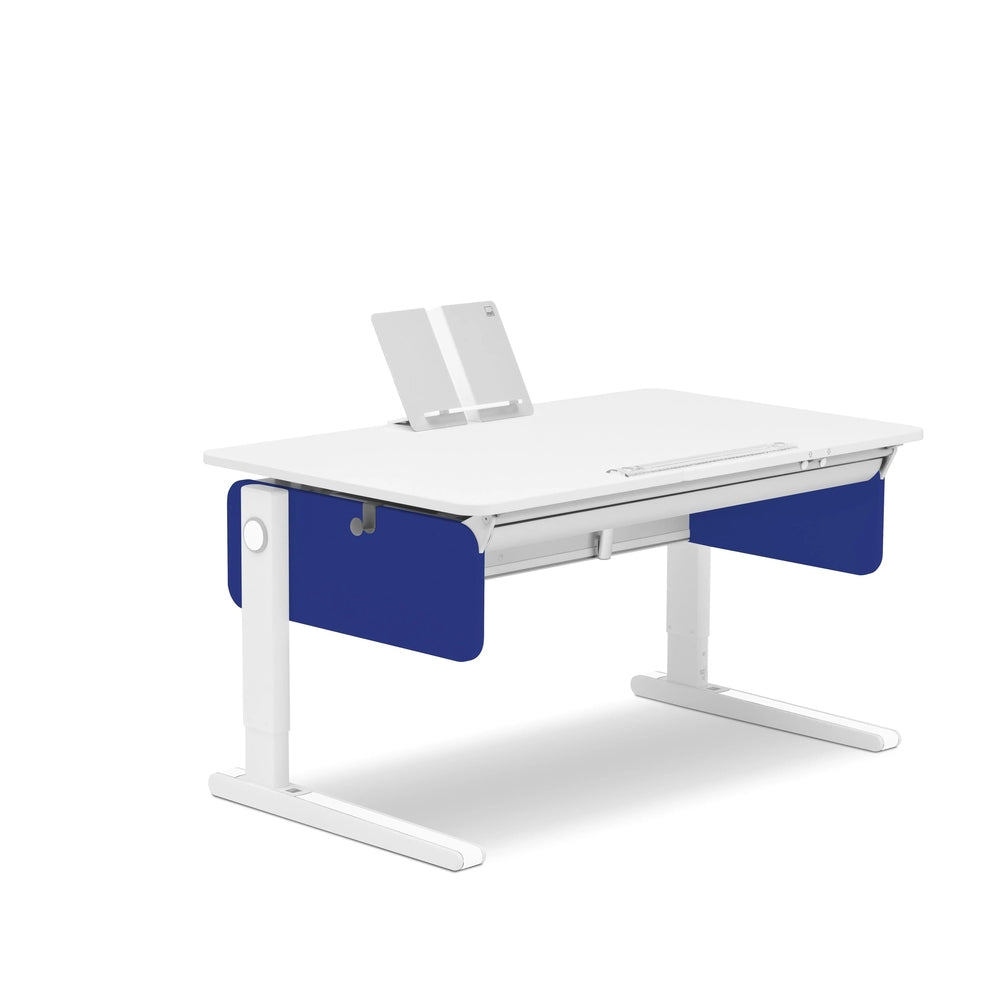 Moll Champion Height Adjustable Desk Right Up, white top with blue panels, showing the height-adjust mechanism and monitor stand