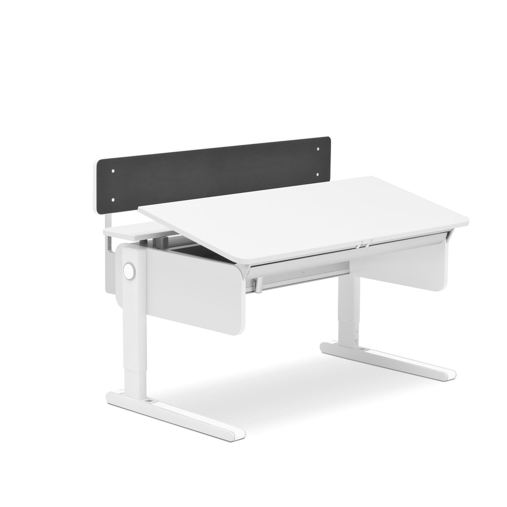 Moll Champion Panel desk, white tabletop, dark back panel, and metal frame