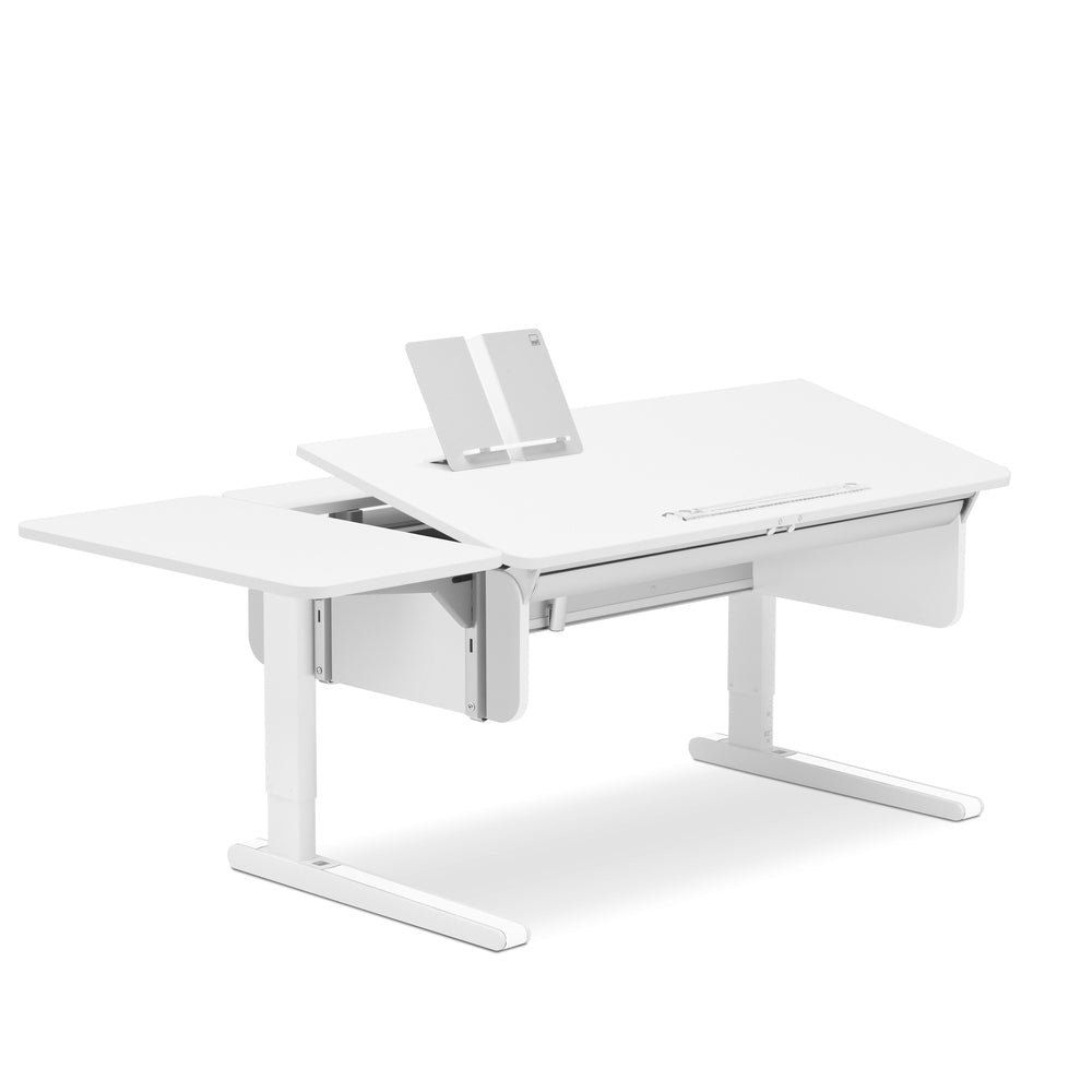 Moll Champion Side Top desk with white finish, fold-out side extension, and adjustable-height legs