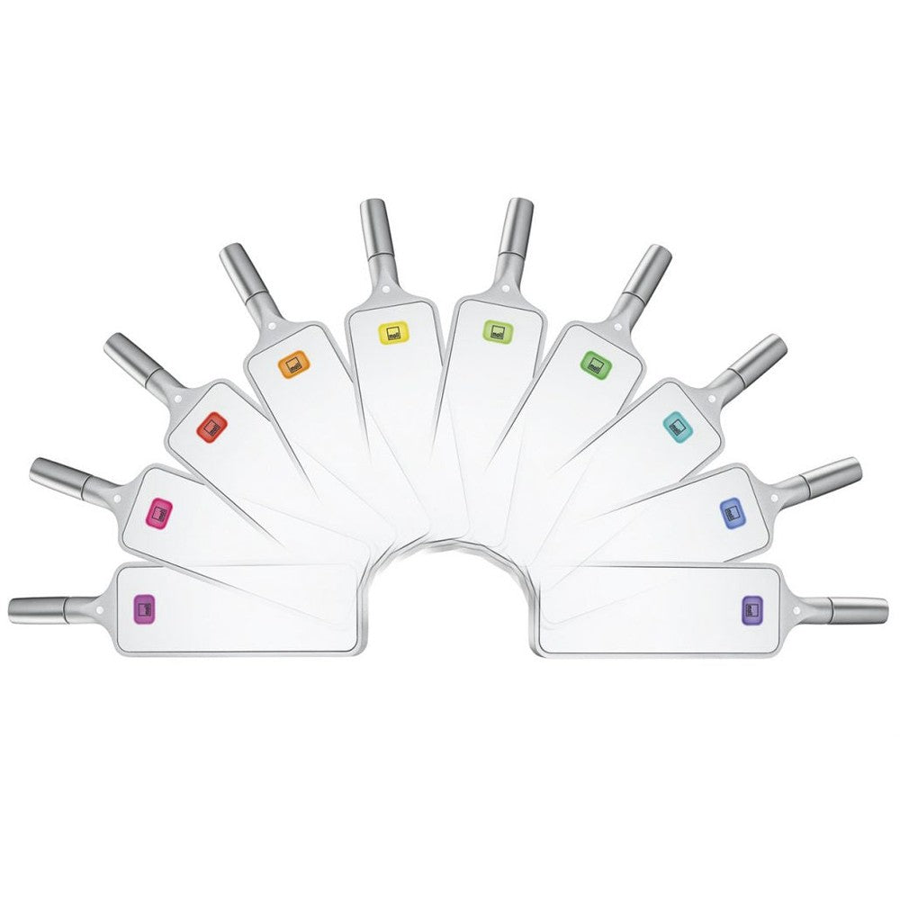 Moll FlexLight desk lamp set, 12 white panels with rainbow color-coded labels.