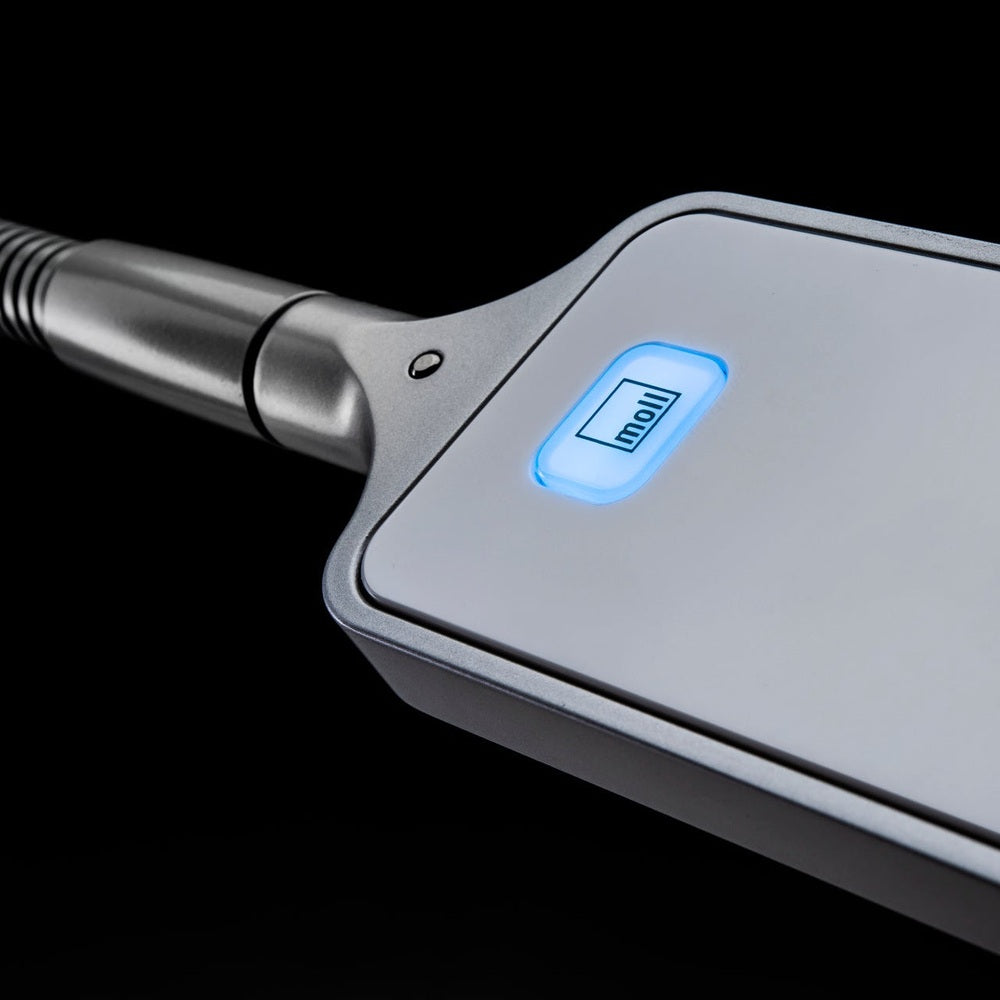 Moll L7 designer LED desk lamp with blue backlit button and silver metallic finish