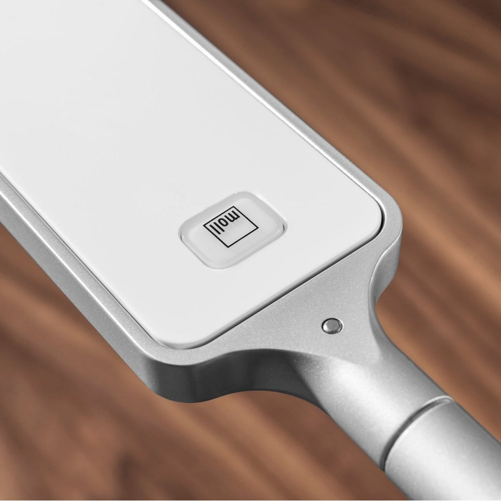 Moll L7 designer LED desk lamp in white with a silver neck