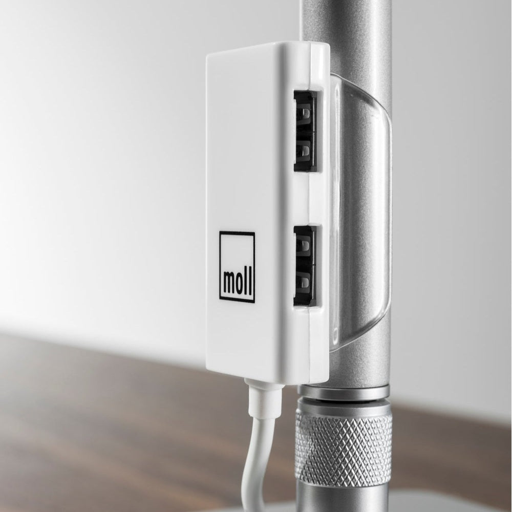 Moll L7 designer LED lamp in white with dual USB ports for desk use