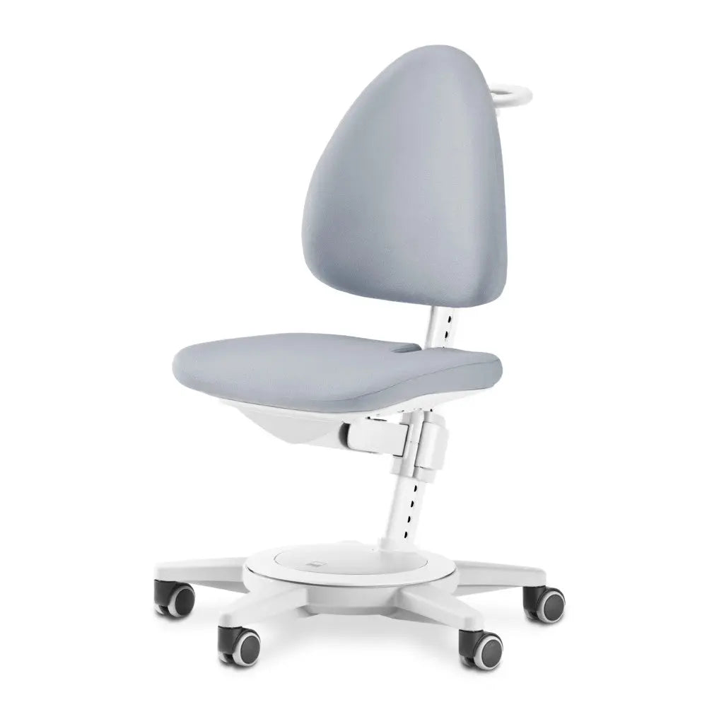 Moll Maximo children swivel chair with gray padding and white frame, rotating on a wheeled five-star base.