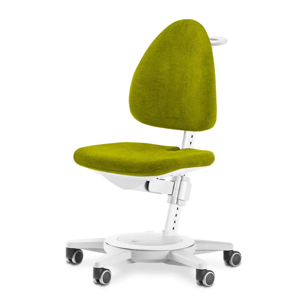 Moll Maximo Children Swivel Chair White Frame in lime-green upholstery, shown with a five-wheeled base and height adjust.
