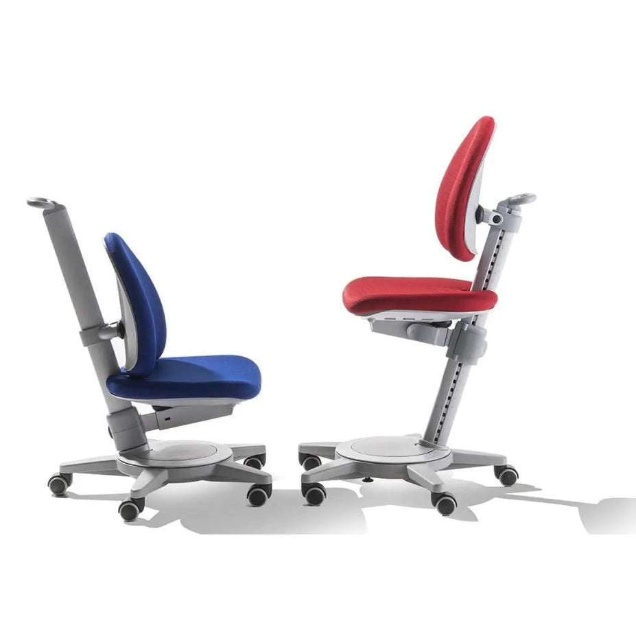 Moll Maximo Children Swivel Chair set of 2 with blue and red seats on white wheeled frames.