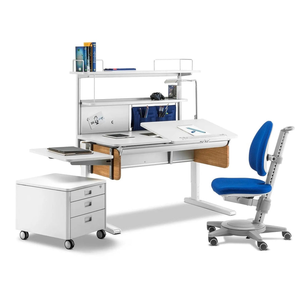 Moll Maximo children swivel chair with white frame and blue seat, shown on a wheeled, height-adjustable base.