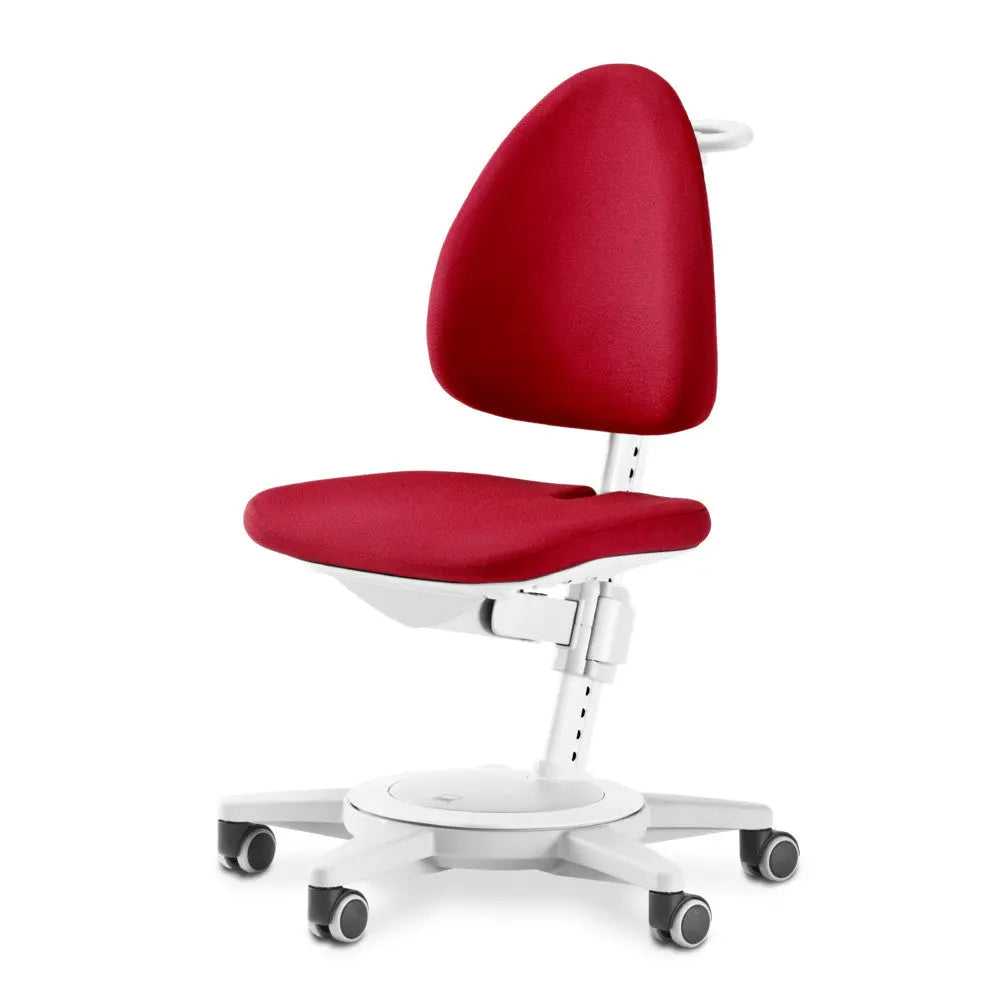 Moll Maximo Children Swivel Chair with red upholstery on a white wheeled base, height-adjustable.
