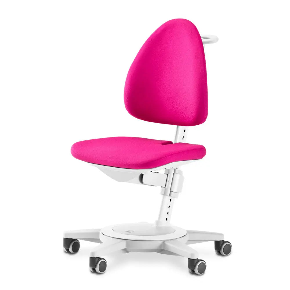 Moll Maximo children swivel chair with white frame, bright pink padded seat and backrest on rolling base.
