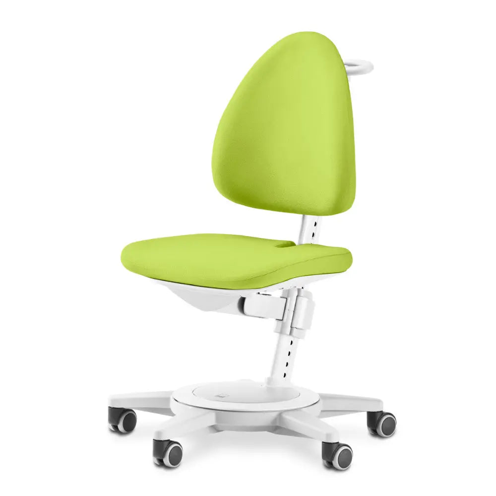 Moll Maximo children swivel chair with lime upholstery on white frame and five-wheel base.