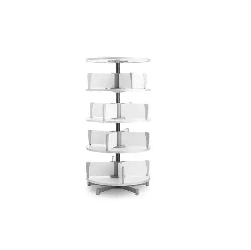Moll Multifile five-tier rotating storage shelf in white and chrome, rotating on a central stand.