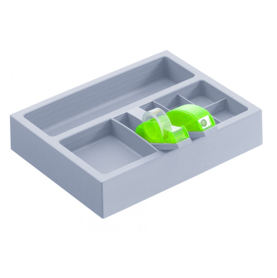 Moll Orgaset desk drawer organizer in light gray with multiple compartments and a green tape dispenser
