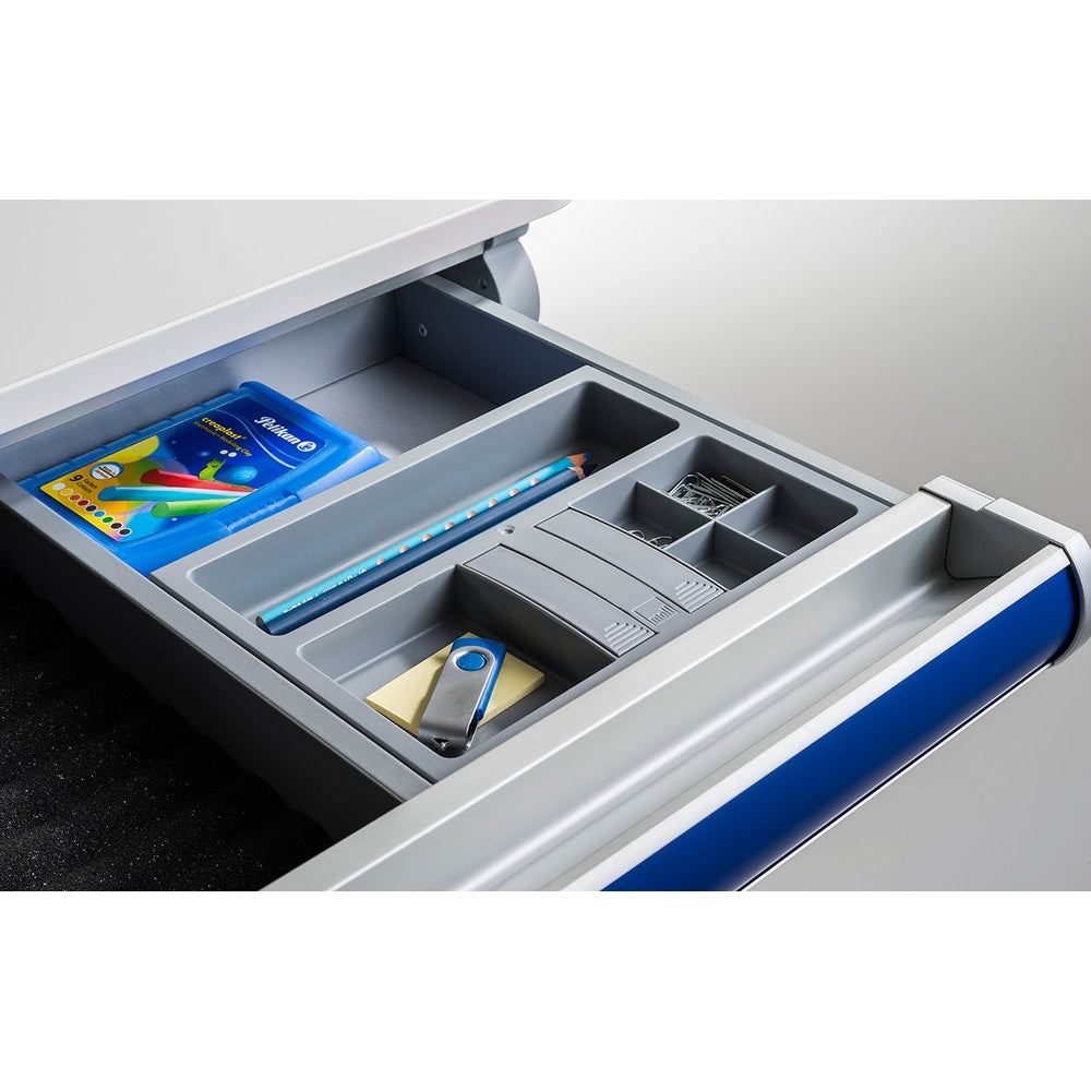 Moll Orgaset desk drawer organizer in gray with pencil, clip, staple, and sticky-note compartments