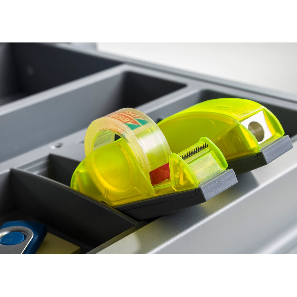 MOLL Orgaset neon yellow transparent tape dispenser with cutter in a gray desk organizer drawer