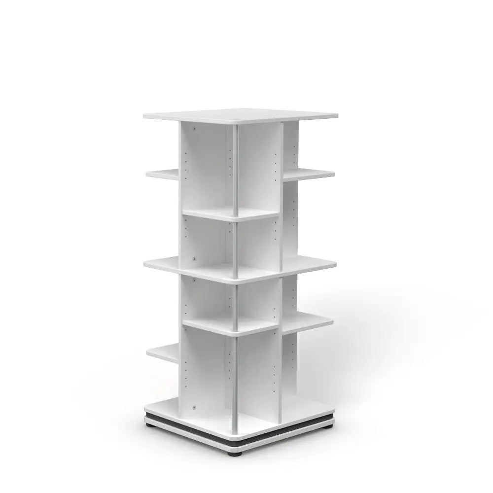 Moll Rotating Shelf Tower 56, a white six-shelf rotating storage unit on a rolling base ready to spin for easy access.