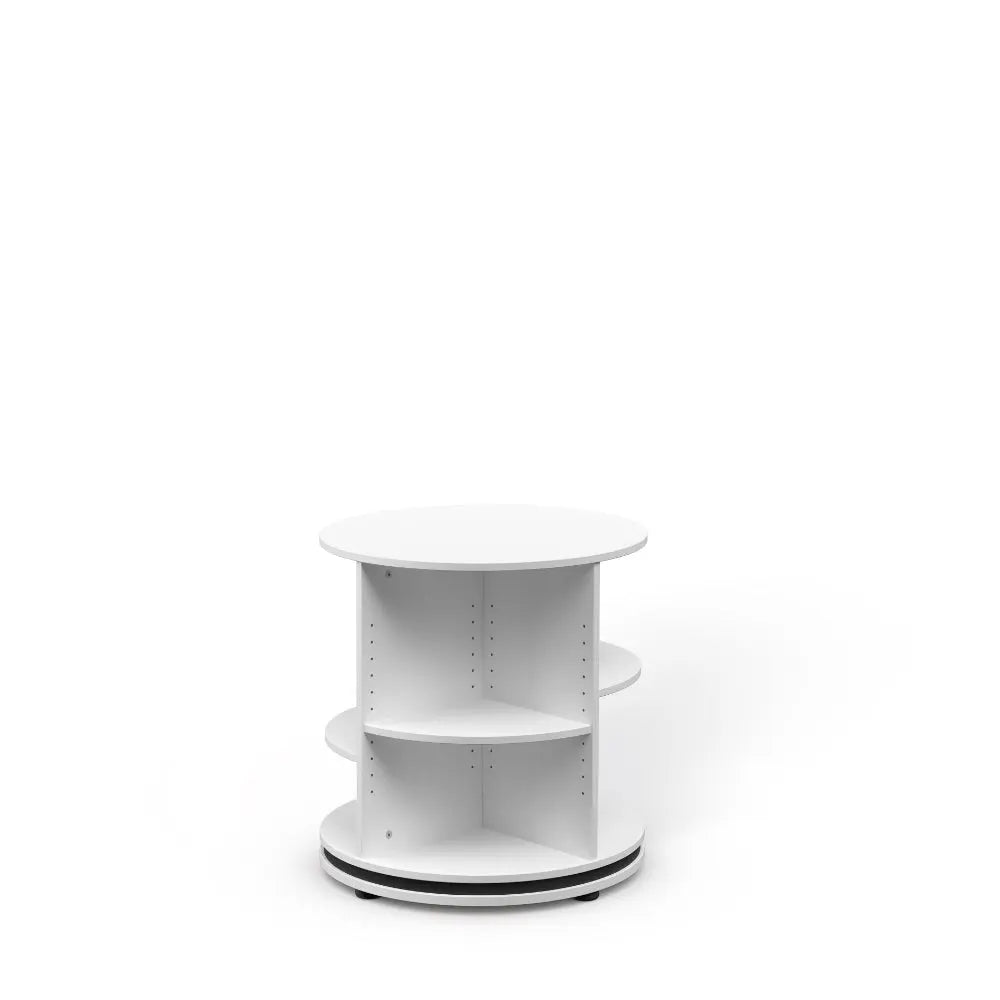 Moll Rotating Shelf Tower 64, white round rotating storage unit with three shelves on a swiveling base.