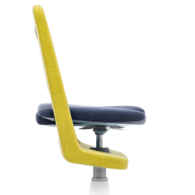 Moll S9 office chair; yellow fabric frame with blue seat cushion, adjustable height