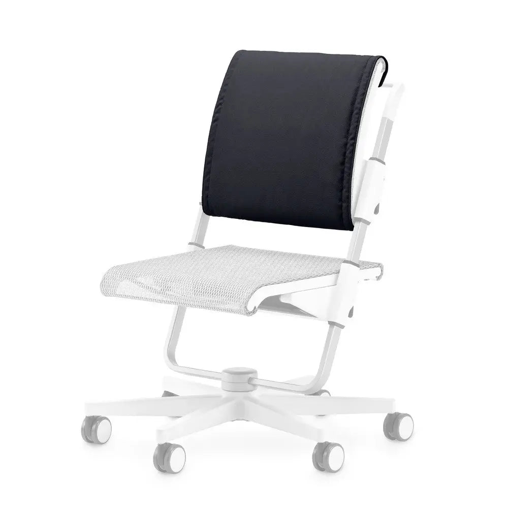 Moll Scooter Back Cushion attached to a white wheeled chair, showing black ergonomic back support secured to the frame.