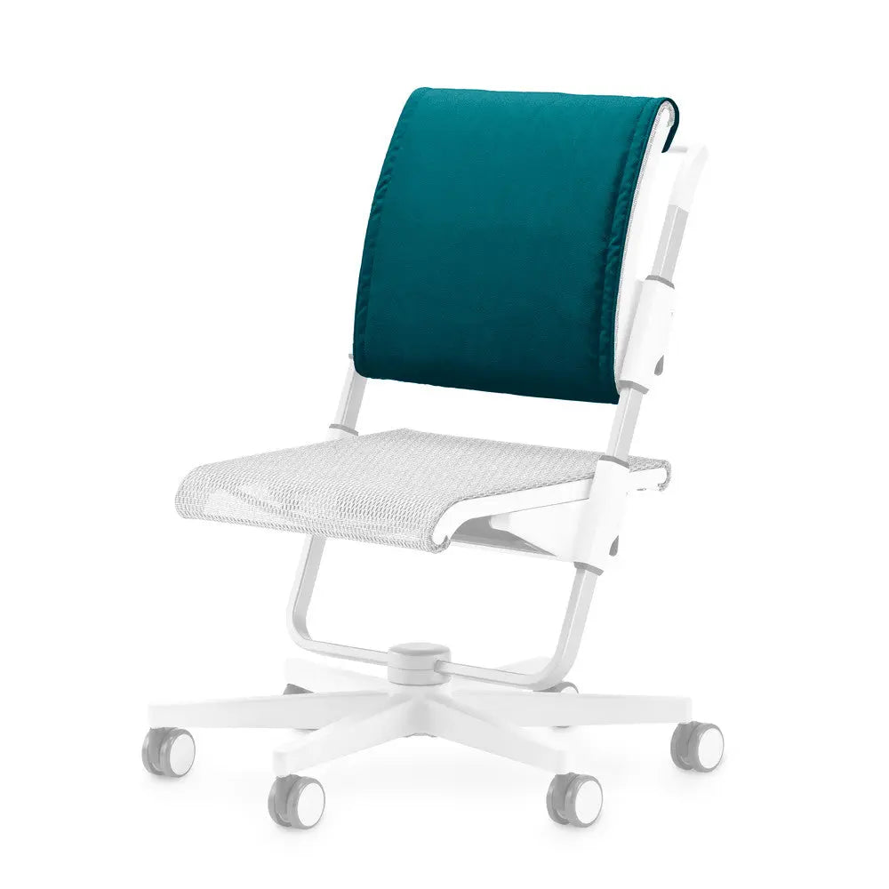 Moll Scooter Back Cushion attached to a white wheeled chair with teal back support, showing secure attachment.