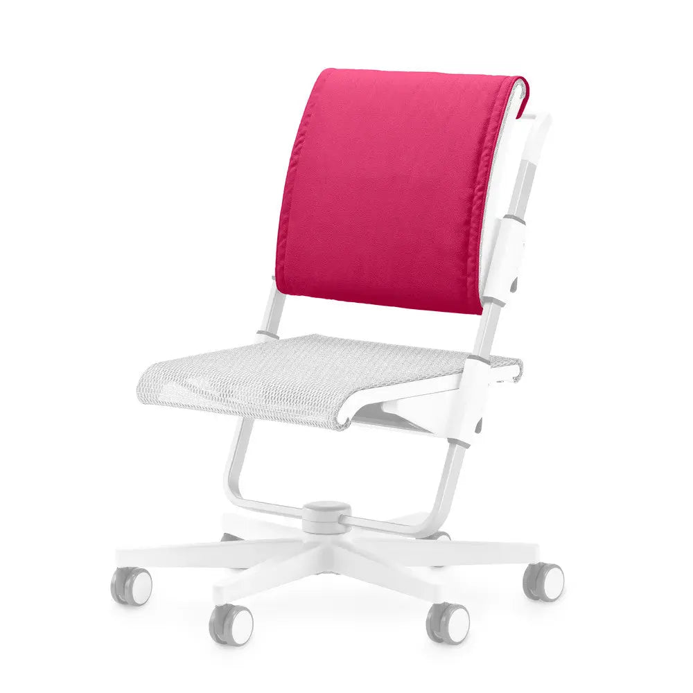 Moll Scooter Back Cushion mounted on a white wheeled office chair with a bright pink backrest.