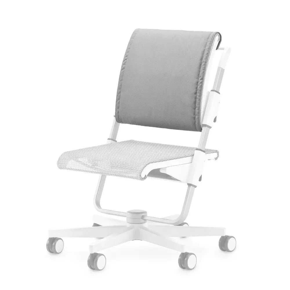 Moll Scooter Back Cushion mounted on a white chair, gray fabric back support with adjustable strap attachment.