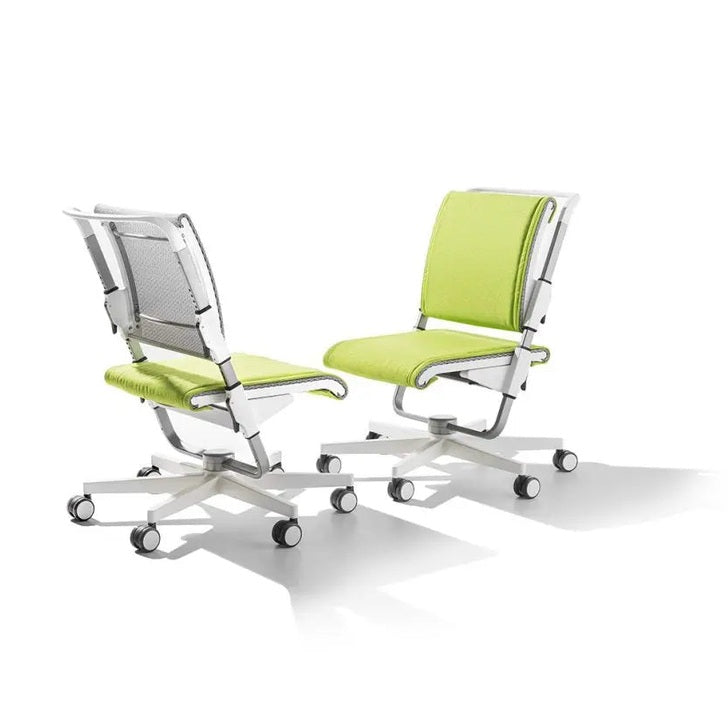 Moll Scooter Children Swivel Chair pair with lime-green cushions on white frames, both on wheeled bases.