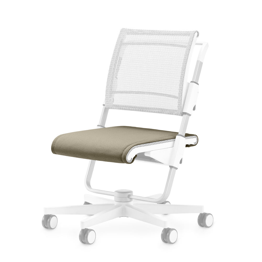 Moll Scooter Seat Cushion for chair; beige cushion, white mesh-back frame, white base with casters